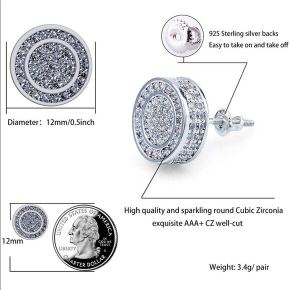 Men’s Iced Out Sterling Silver Stud Earrings - Picture 5 of 8